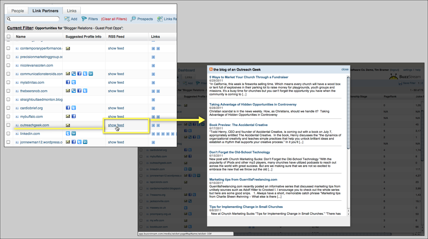 Prospecting - RSS Data Grid to Detail BuzzStream Link Building Prospecting RSS Feed