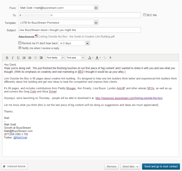 example outreach message