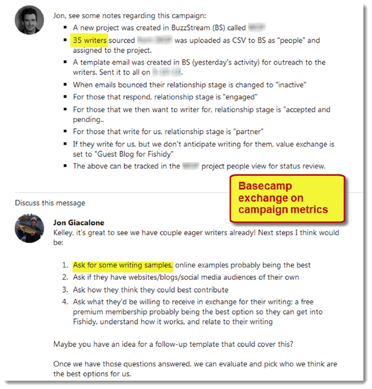 Basecamp exchange on campaign metrics
