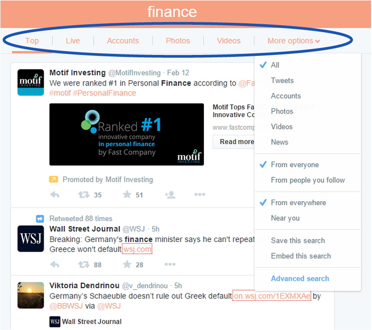 Twitter search for finance
