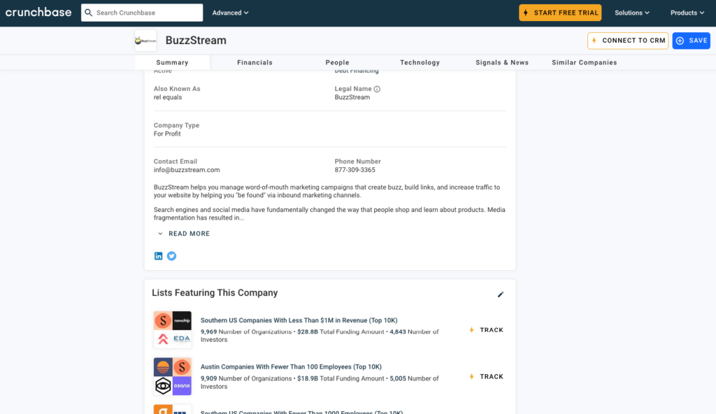 Crunchbase has a generic email for buzzstream