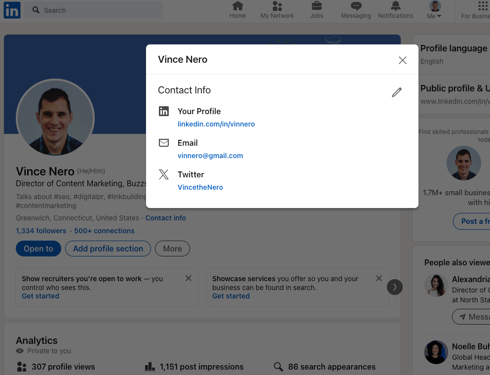 linkedin email address is in the about page