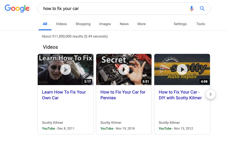 Screenshot of Google search results for ‘how to fix your car’