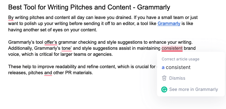 example of grammarly editing my post