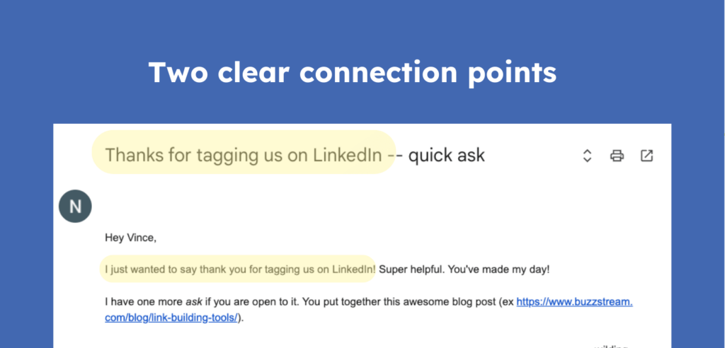 two clear connection points within an outreach email
