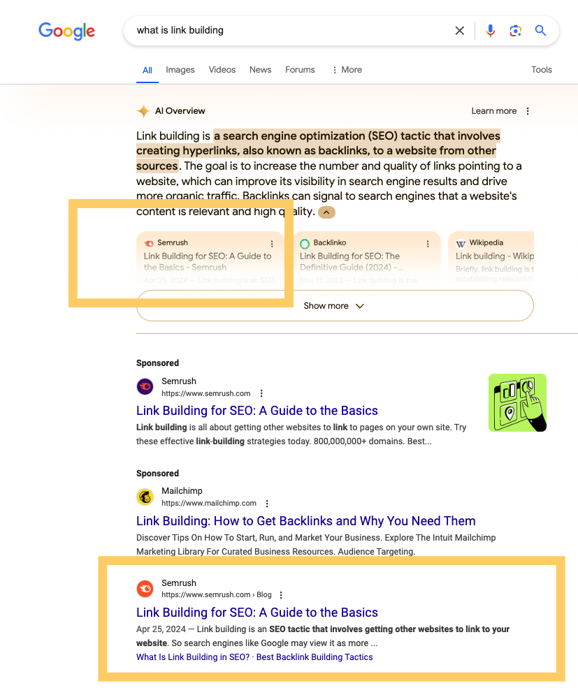 links from the top 10 Serp positions show up in the AI Overviews