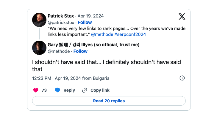 patrick stox tweeted a quote from gary ilves of google about how links are less important