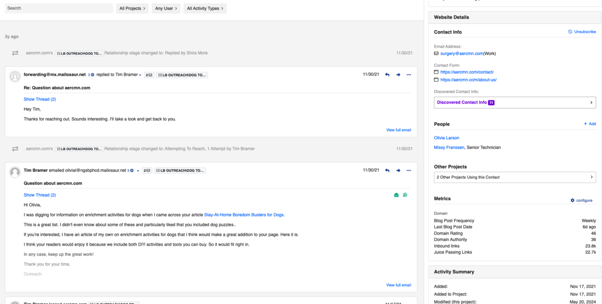 contact history is available in buzzstream