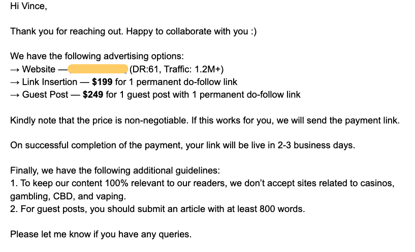 guest post outreach for $249 example