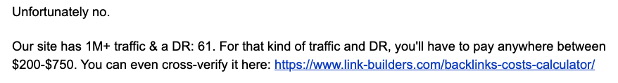 a clip from an email that shows where to cross verify backlink costs