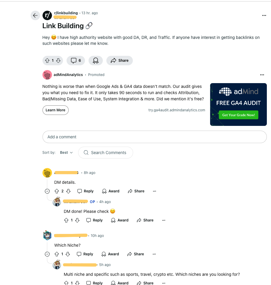 link building on reddit