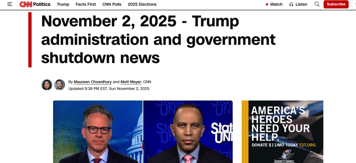 november 2, 2025 - trump administration and government shutdown news