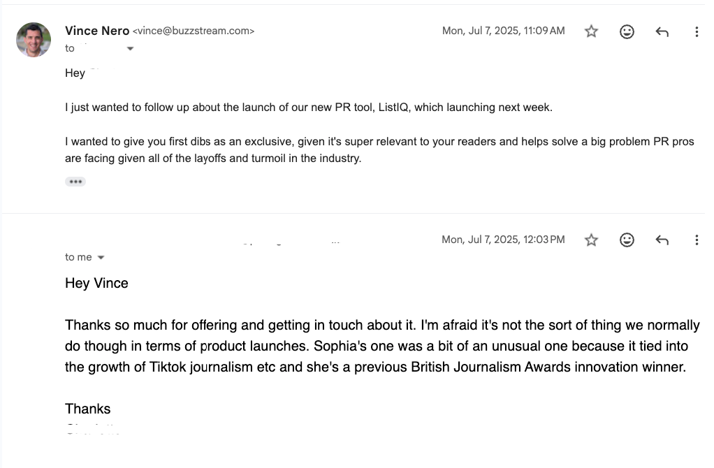example email vince screenshot of listiq launch