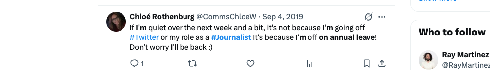Journalist tweet about annual leave example 1