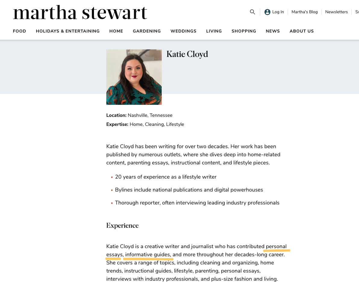 Katie Cloyd author bio on Martha Stewart highlighting personal essays and informative guides