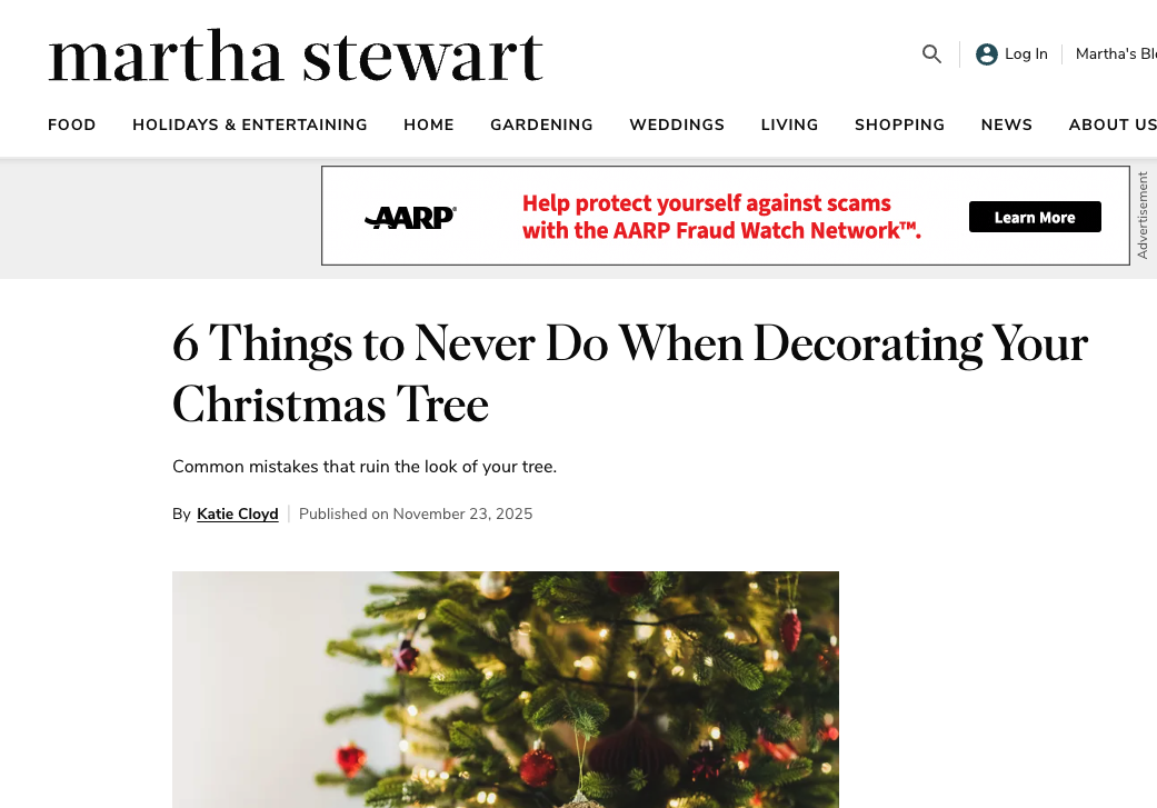 Martha Stewart article about Christmas tree decorating mistakes