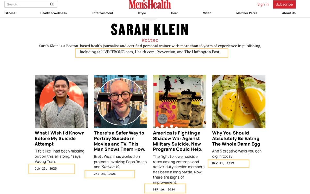 Sarah Klein Men's Health profile with old dates
