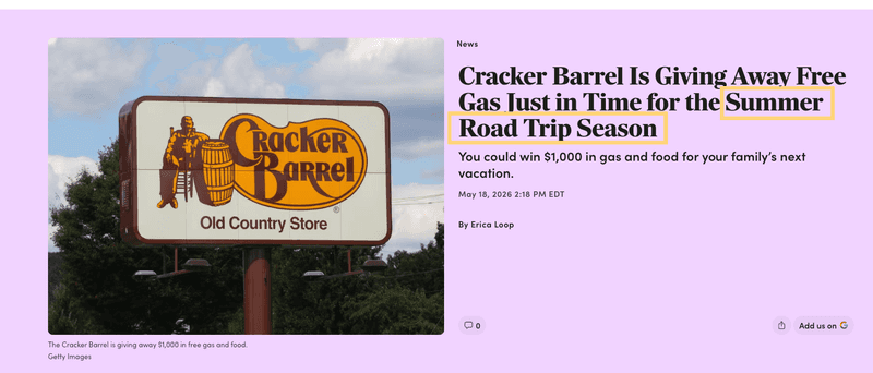 cracker barrel is giving away free gas just in time for the summer road trip season
