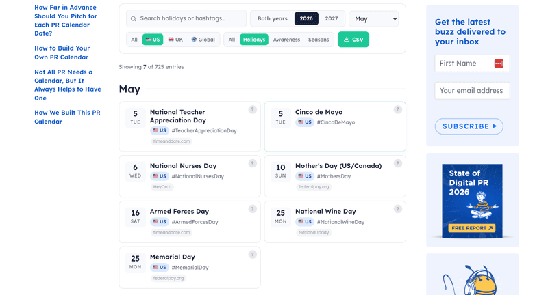 PR calendar memorial day screenshot