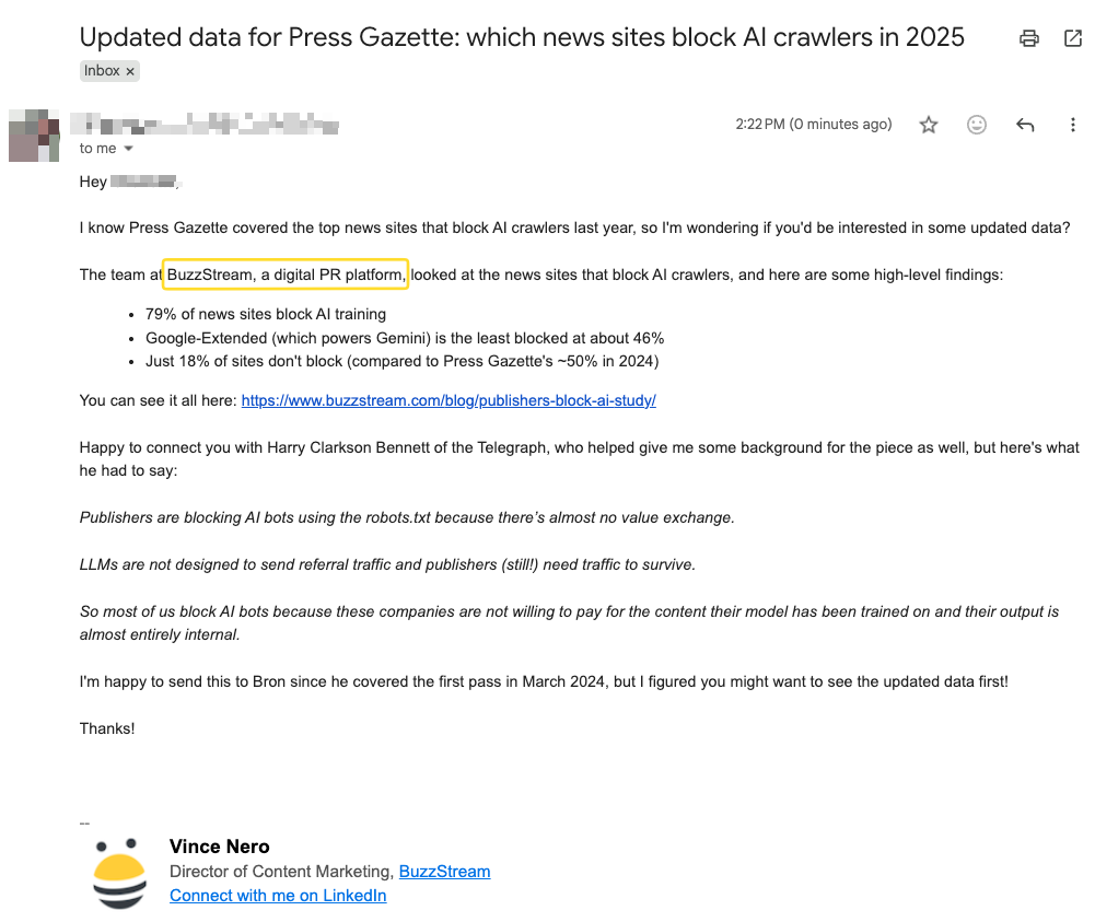 an email saying 'buzzstream a digital pr platform' within the body