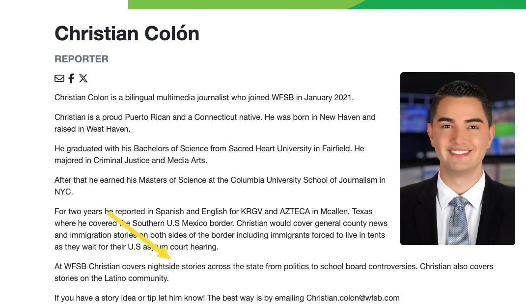 christian colon bio page showing nightside stories