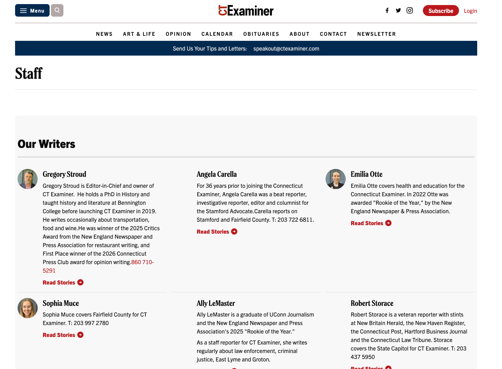CTExaminer staff page shows 14 writers