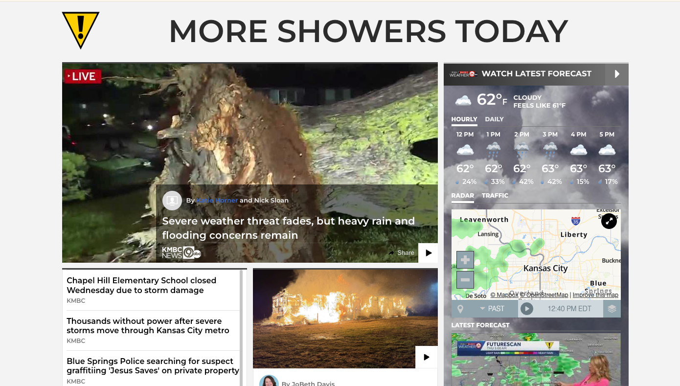 homepage of a kansas city news site showing storm coverage