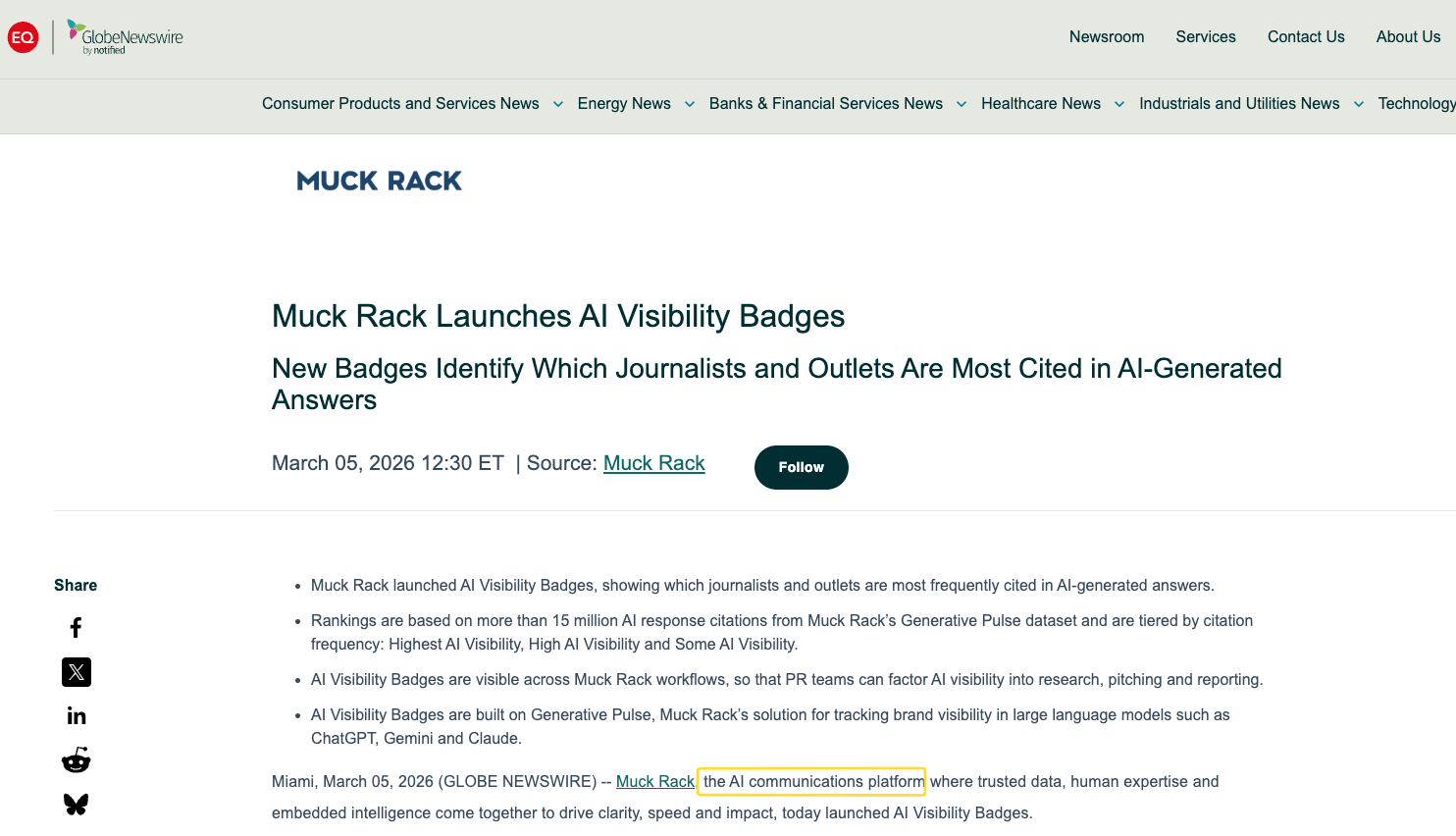 muck rack visibility badges mention with "the ai communications platform"