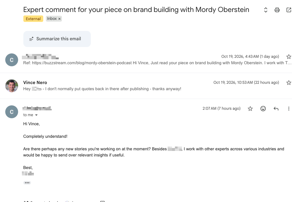 screenshot screenshot from vince of an email conversation
