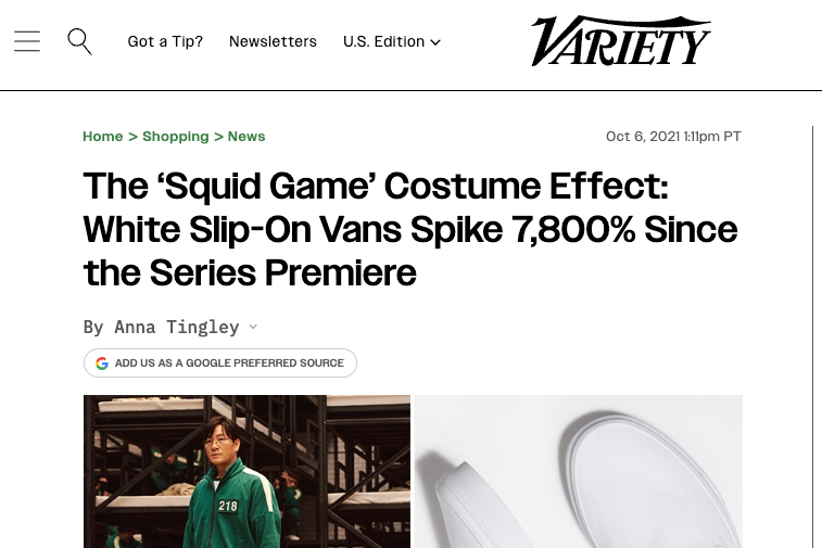 variety squid game - squid game costume effect - white slip-on vans spike 7,800 since the series premiere